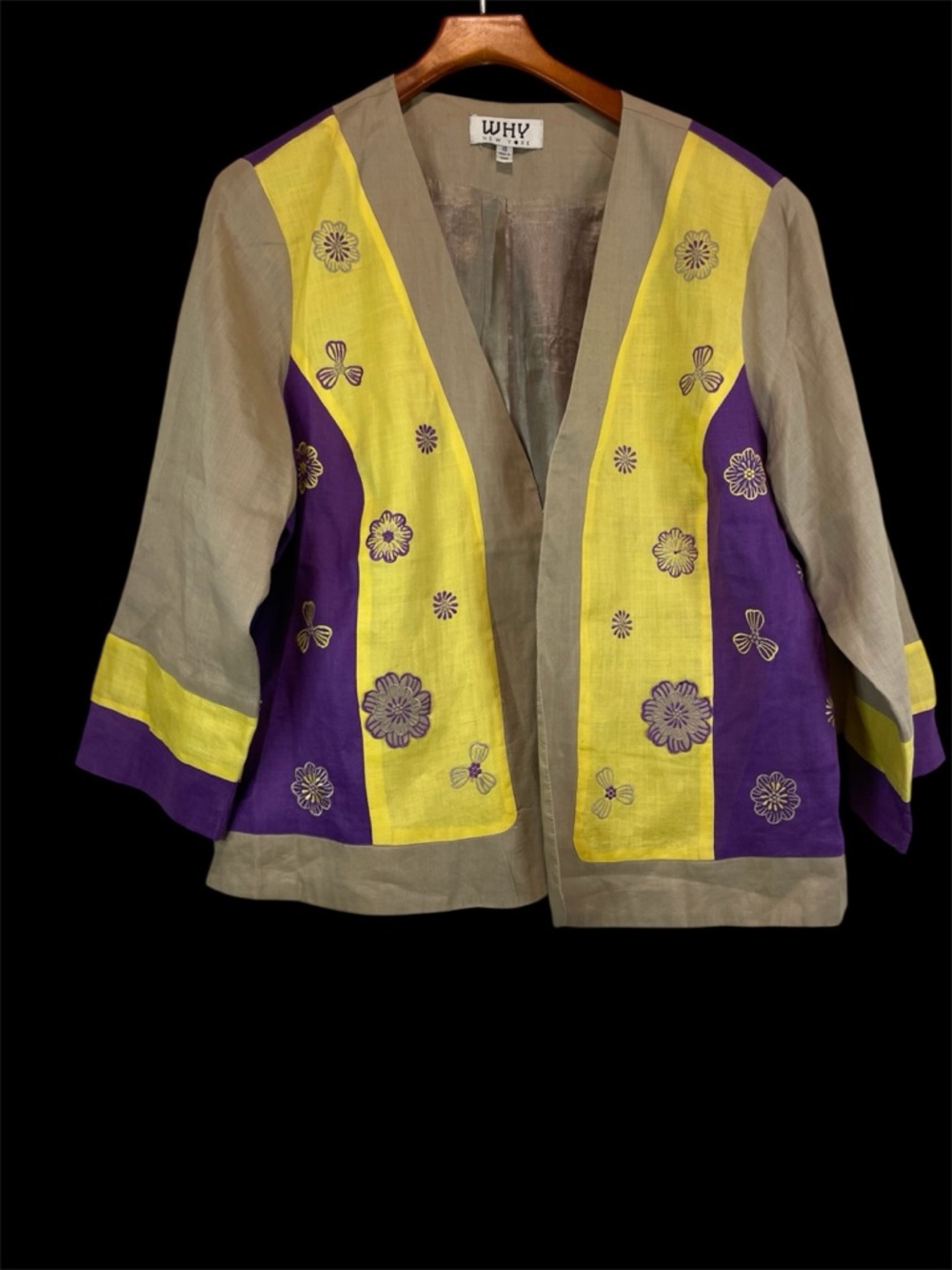 VTG Embroidered Patchwork Open-Front Jacket in Yellow, Purple & Taupe